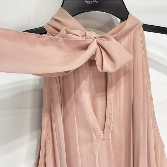 HM Women Short Dress in Pleated Fabric Sz 4 Pink Sleeveless Tie At The Neck - Picture 12 of 16